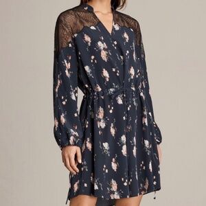 All Saints Laya Meadow Silk Lace Floral Tunic Dress Waist Tie Blouson Sleeves LG